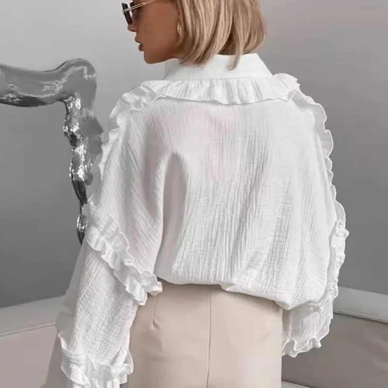 Fashion Women's Cotton Blouse Long Sleeve Autumn Winter Lantern Sleeve Ruffle Accent Loose Fit Chic Top Elegant Everyday Shirt