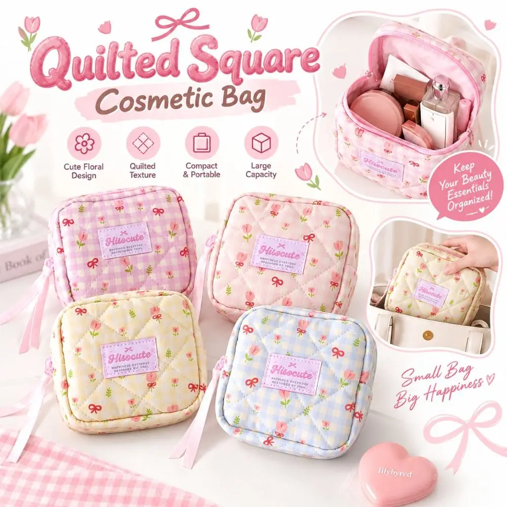 New Quilted Square Cosmetic Bag Ribbon Bow Decor Floral Print Coin Purse Zipper Closure Portable Plaid Makeup Pouch Travel