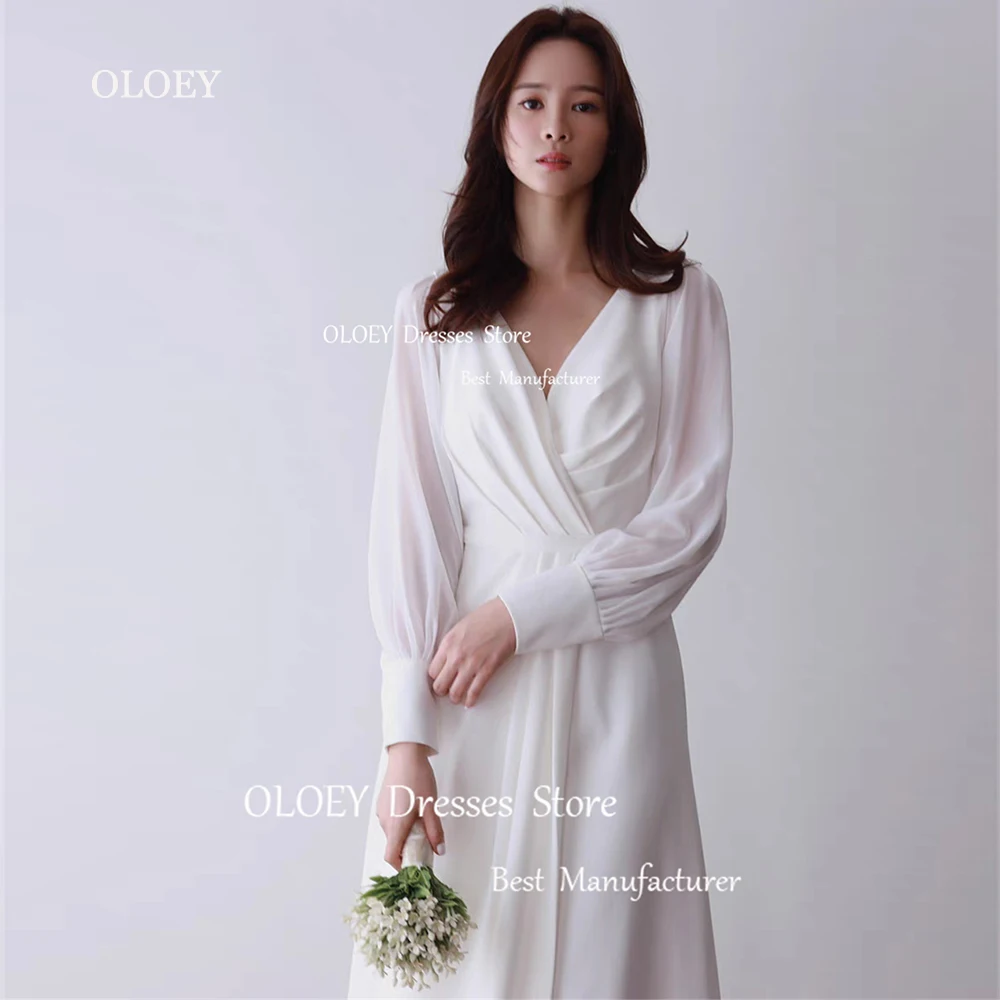 OLOEY Simple Wedding Dresses Korea Japen Photoshoot Pleated Chiffon Bridal Gowns V-Neck Women White Formal Party Dresses