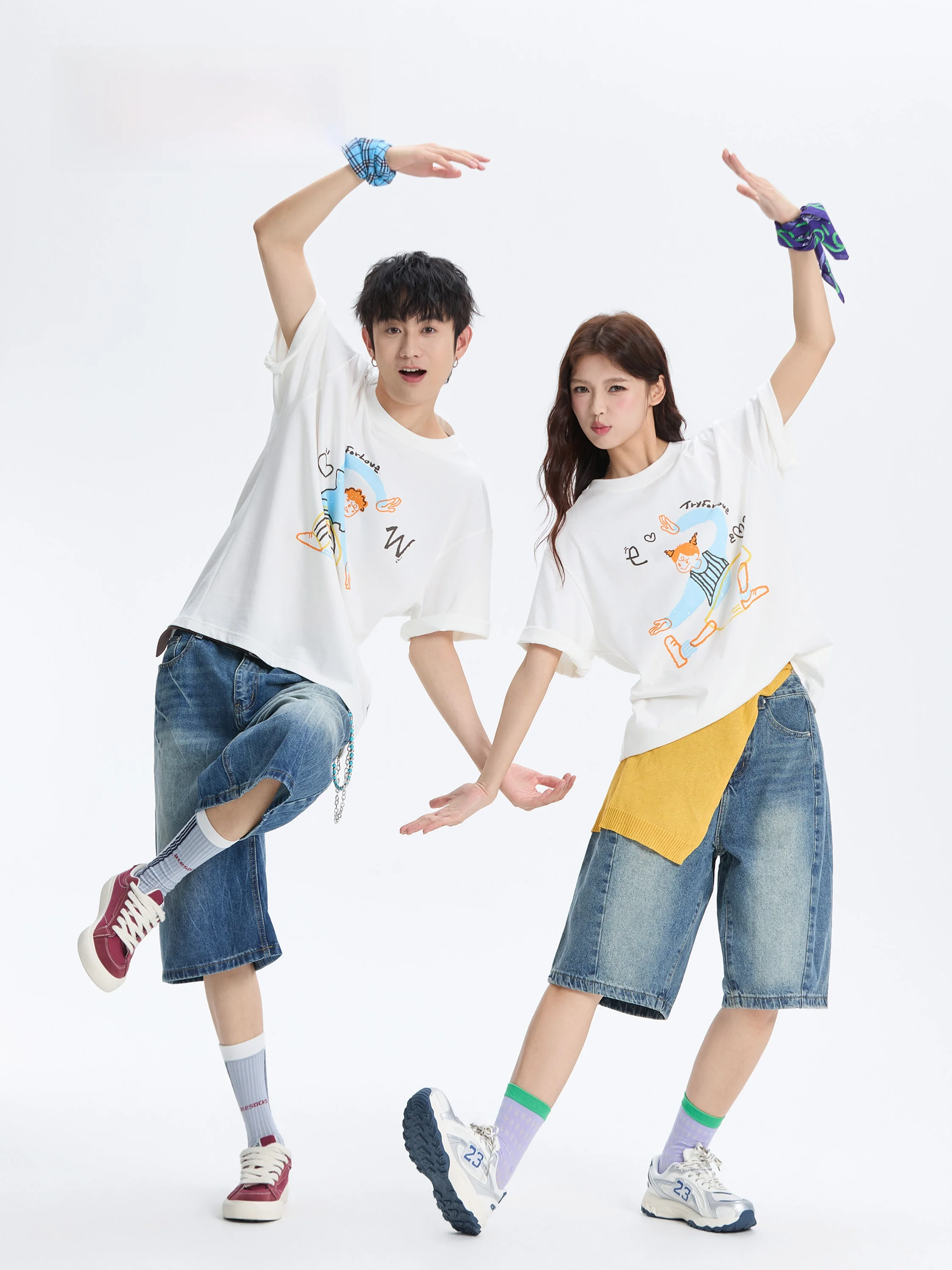 

Couple's Cartoon Design Short Sleeve T-shirts Men's Women's Summer New Style One Long One Short Casual Comfortable Cotton Tops