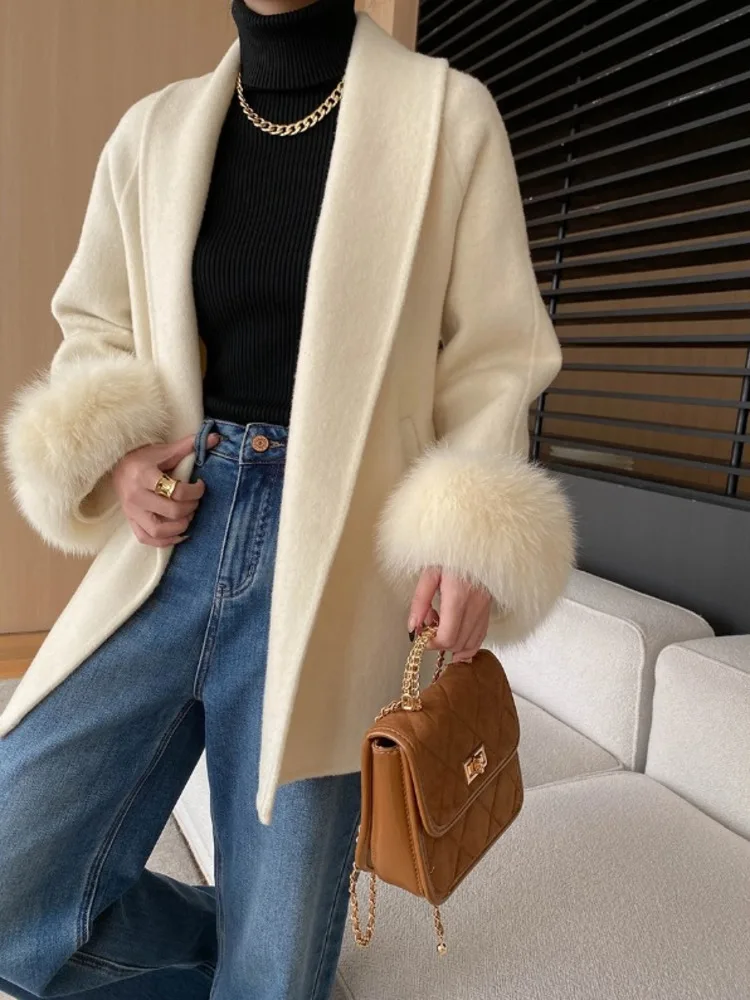 UCXQ Solid Colored Woolen Coat Elegant Temperament Cuffs Fox Fur Lace Up Waist All Match Women's Outerwear 2025 New Winter C2812