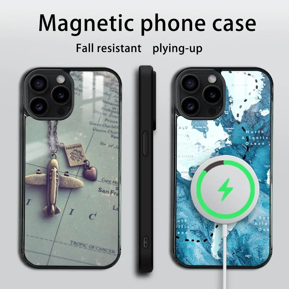 World Map Travel Phone Case For iPhone 16 15 14 13 12 11 PRO MAX PLUS Mini Magnetic wireless mirror phone case