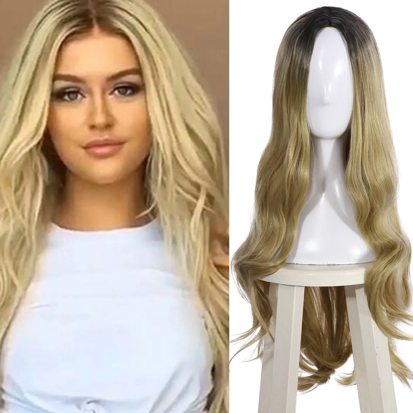 75cm Long Curly Wave Blonde Ombre Women Wig Fashion Heat Resistant Synthetic Wig