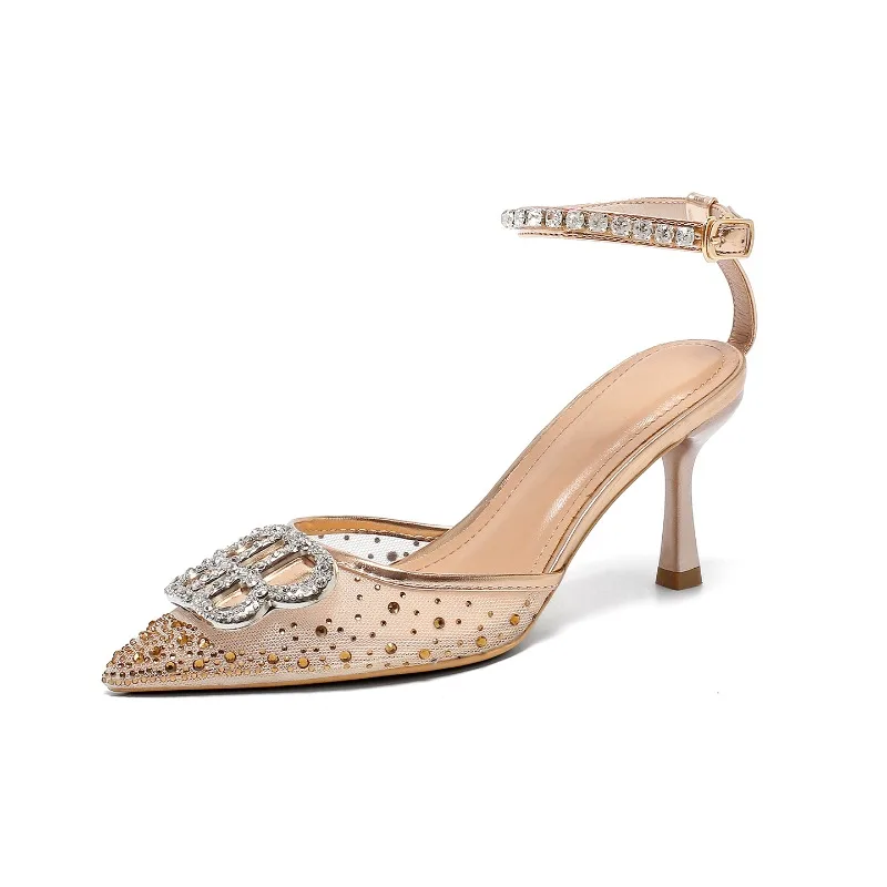 New Women's Fashion One-Word Sexy High Heel Sandals Rhinestone Pointed Versatile High Heel Sandals Size 35-41