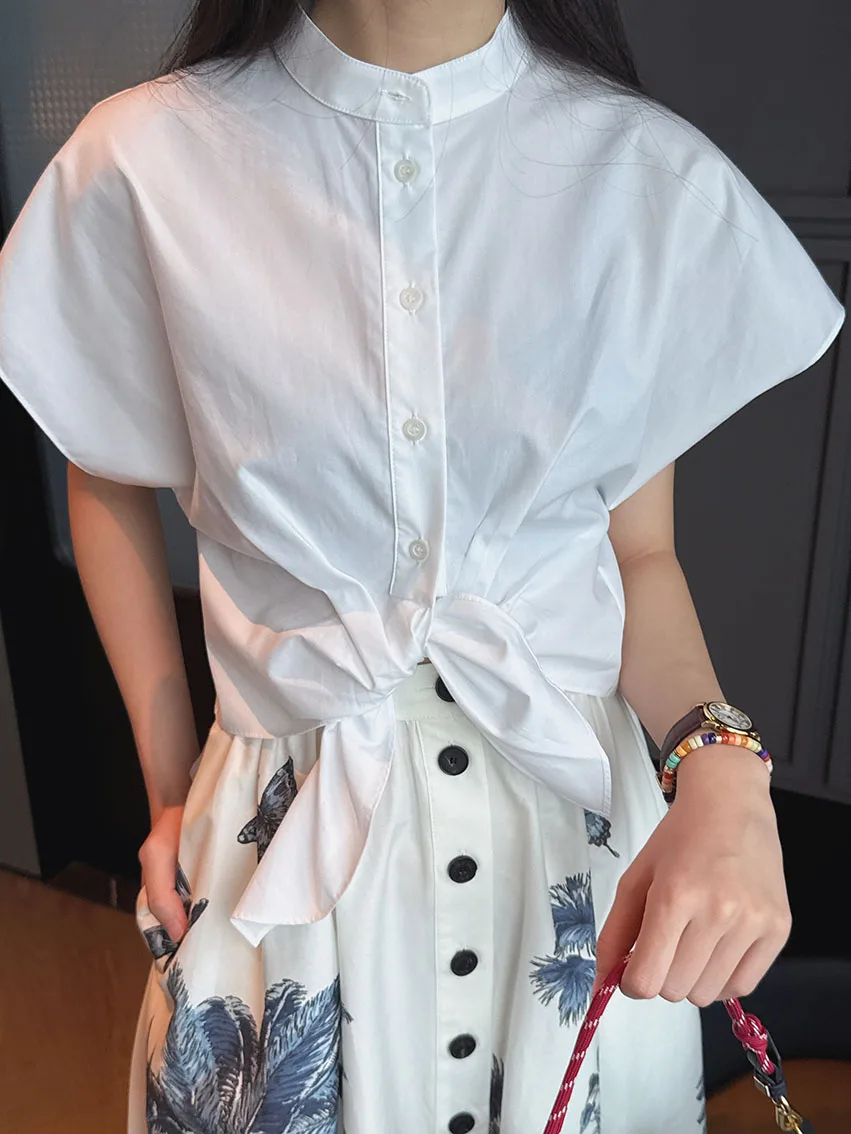 

Модная свободная рубашка с узлом, воротником-стойкой и поясом на талии, повседневная женская рубашка, летняя, с защитой от ультрафиолета