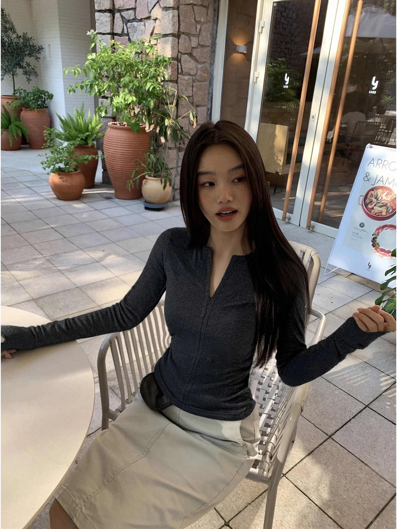 

Женская приталенная футболка с длинным рукавом на молнии, с открытым воротником, весенняя, в корейском стиле, тонкая, базовая, для ношения под одеждой, спортивная