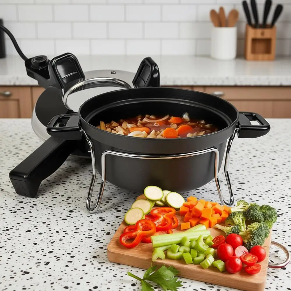 

Электрическая печь с регулируемыми режимами приготовления, эффективным нагревом, антипригарным покрытием, портативным дизайном и термостойкими подставками