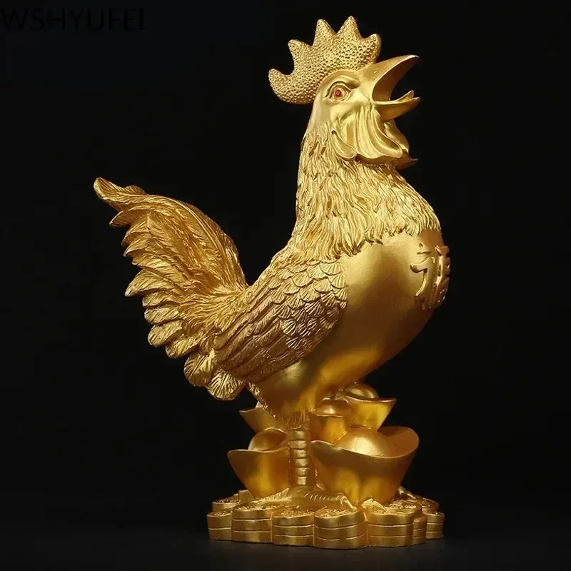 WSHYUFEI decoración de pollo dorado chapado en oro estatua de resina de gallo de la suerte sala de estar TV gabinete figuritas decoraciones chinas