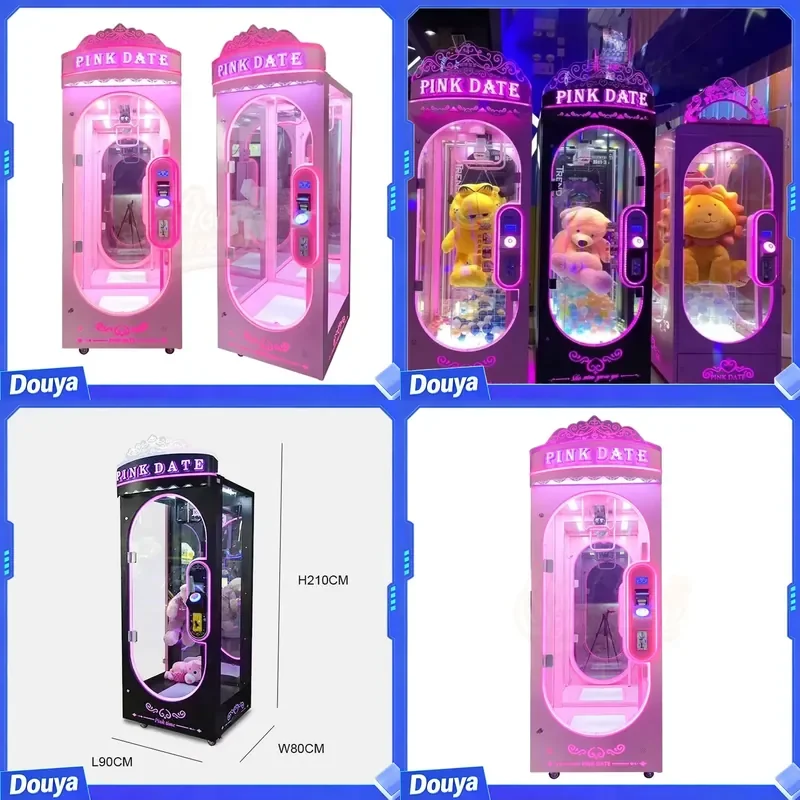 Coin Operated Games Machine Standing Push Cut Prize Games Big Toy Crane Claw Pink Date Machine
