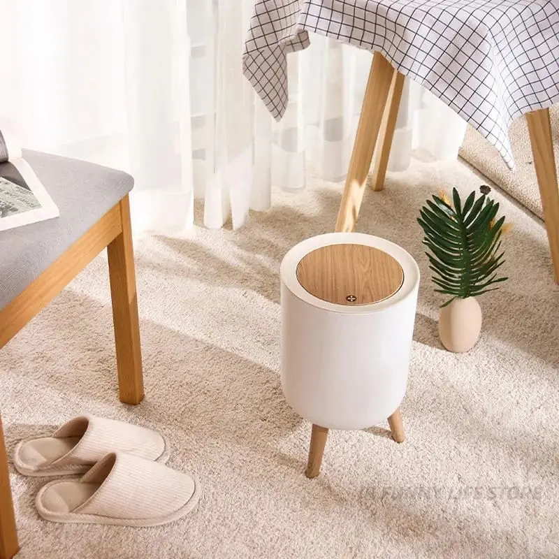 7L Round Wood Grain Trash Can Press Type Garbage Can Nordic Waste Basket With Legs Plastic Trash Bin for Bathroom Living Room