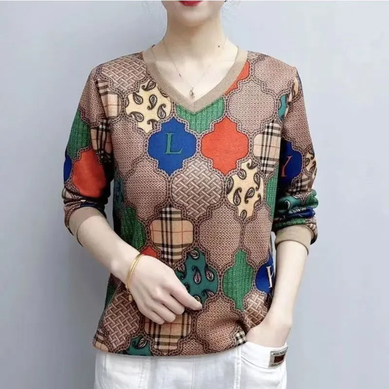 Fashion Vintage Plaid Patchwork Knitted T-shirt Female Clothing Casual V-Neck Commute Spring Autumn Loose Long Sleeve Pullovers