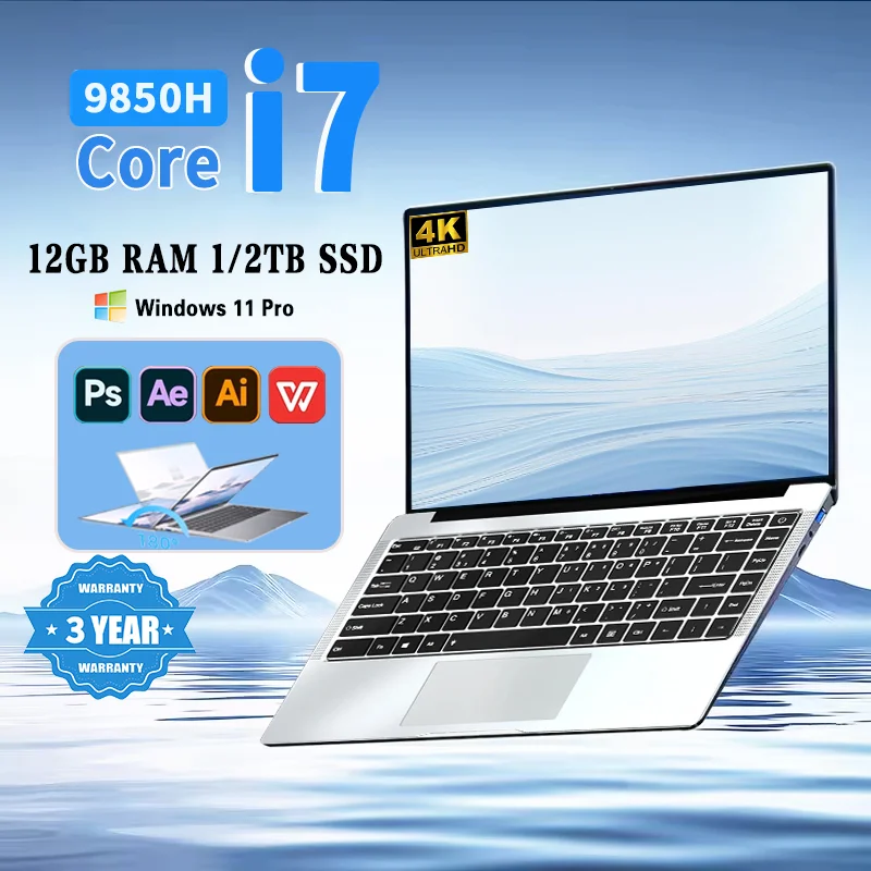 

14.1 inch Laptop Computer Portable Windows 11 Pro Core i7-9850H Notebook 12GB RAM 1TB 2TB SSD Office Study Laptops