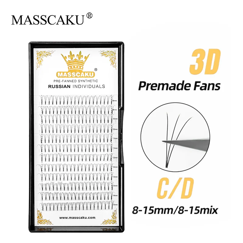 

MASSCAKU sell wide fans 3D-6D heat bonded premade volume fans lash 0.07 0.10 thickness deep black faux mink premium eyelashes