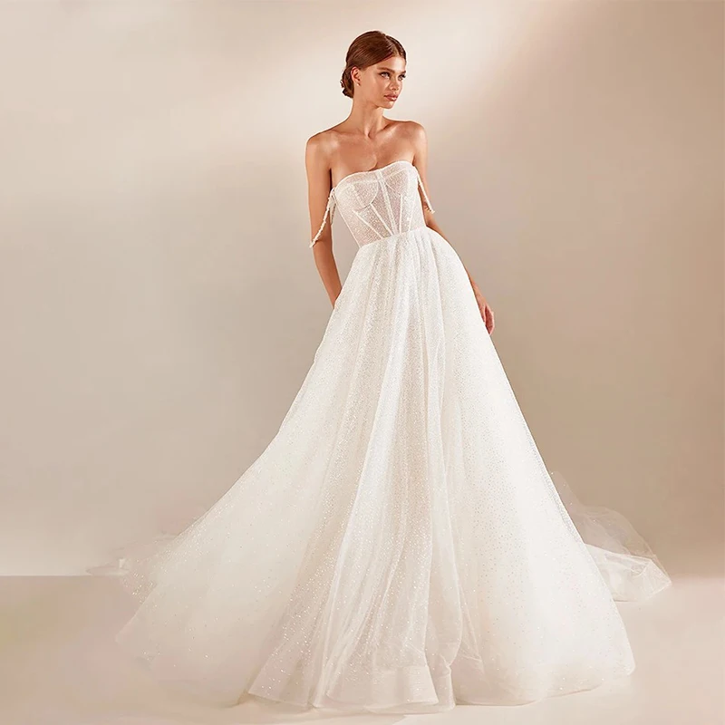 

Graceful Wedding Dress Organza With Embroidery Sequins A-Line Length Ball Gown Sleeveless Strapless Customized Vestido De Novia
