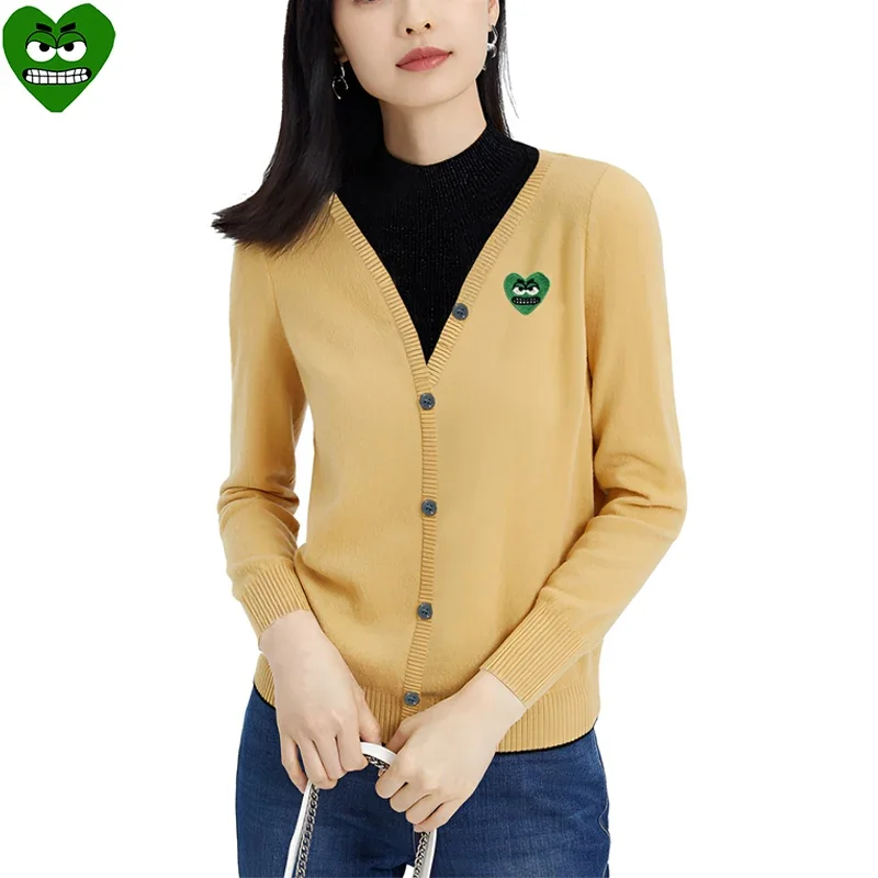 Break Egg Women V-Neck Cardigan Cotton Cartoon Cute Snag Heart Embroidery Single Breasted Long Sleeves Autumn Fit Sweater