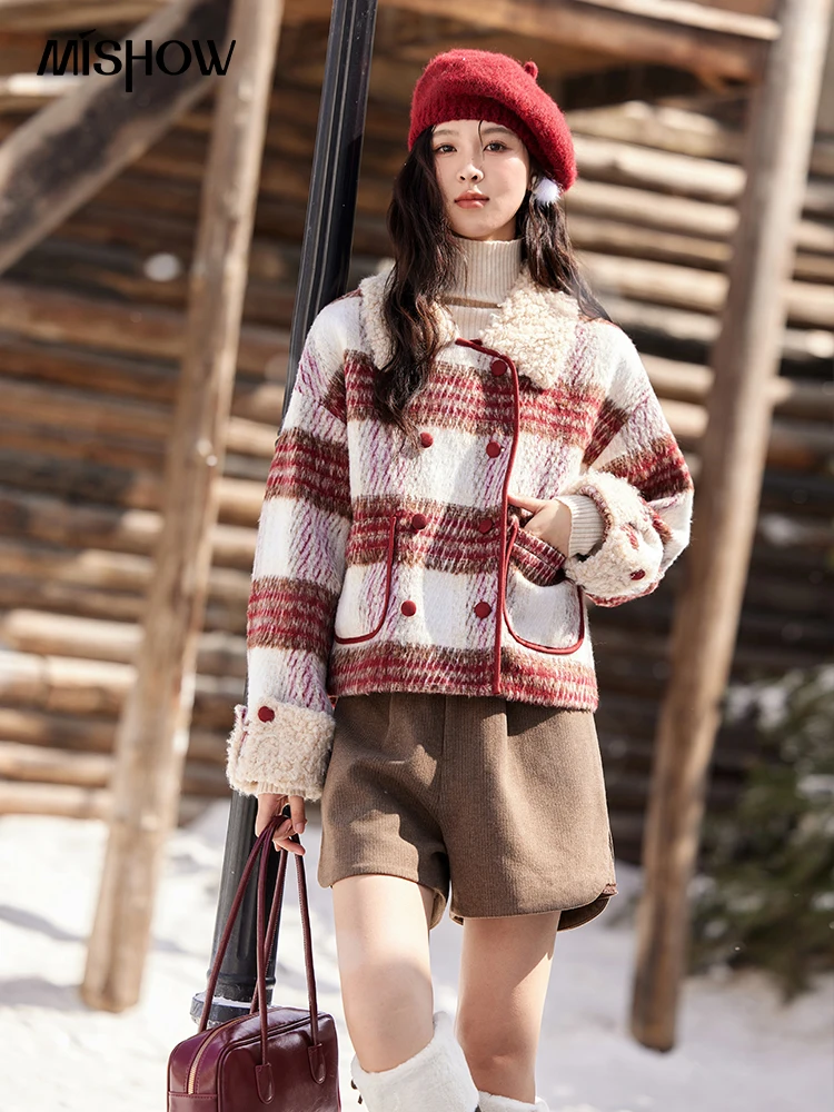 MISHOW Vintage Red Plaid Lamb Woo Coats Cotton Clip Soft Thickened Turn Down Collar Pocket Tweed Jacket Office Lady MXD59W0739