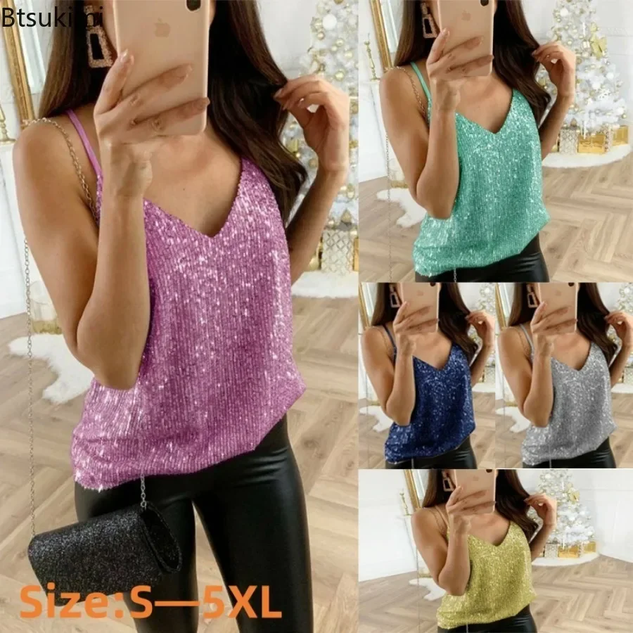 

2025Women's Sexy Sequins Vests Glitter Strappy Tank Tops Sleeveless Spaghetti Straps Shiny Clubwear V-neck Sling Summer Tops 5XL