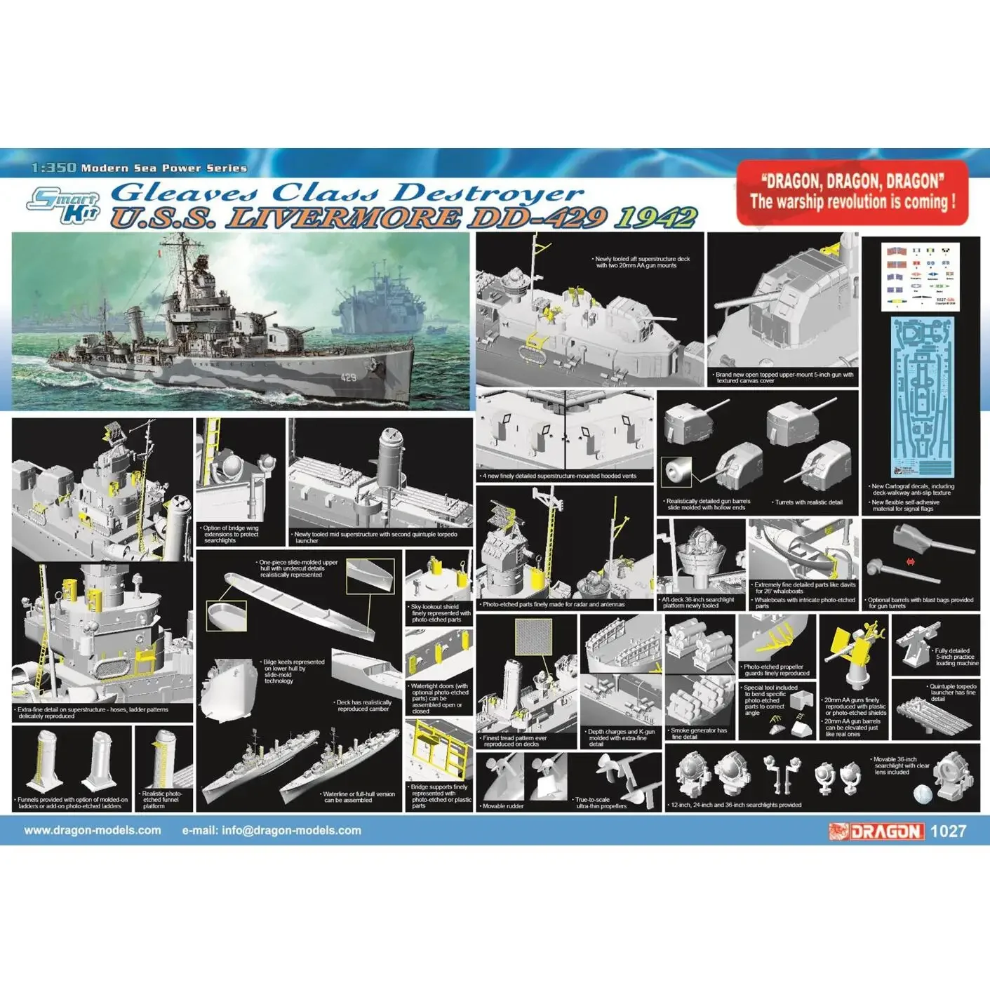 Комплект модели военного корабля DRAGON 1037, USS Livermore DD-429, разрушитель класса с блестками, 1942 год, сборная модель 1/350.