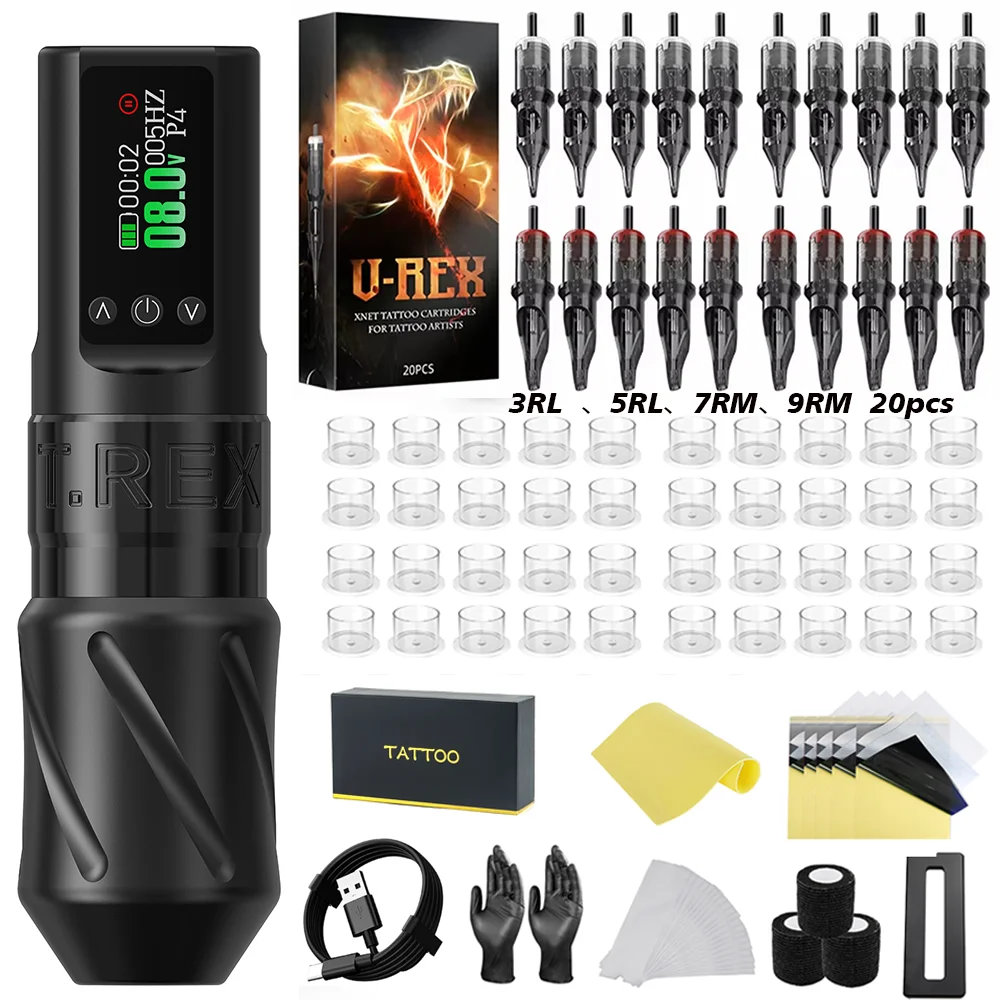 

Tattoo Kit T-Rex Wireless Tattoo Pen Kit Rotary Tattoo Pen Adjustable 7 Stroke Lengths 1600mA Tattoo Power Supply Tattoo Gun Kit