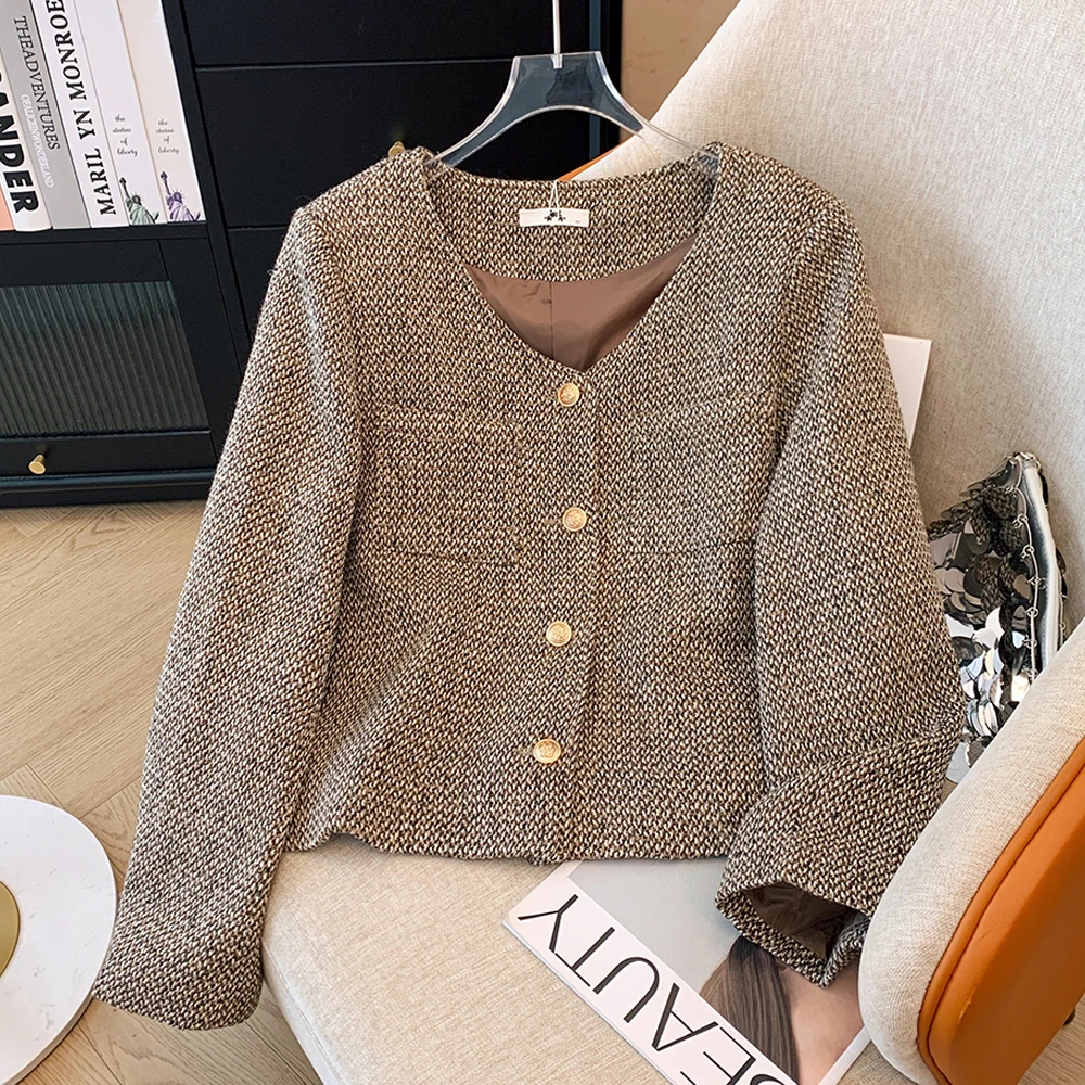 

Plus size women's autumn and winter casual loose V-neck coat single-breasted senior sense commuter comfort top 2024 new clothing