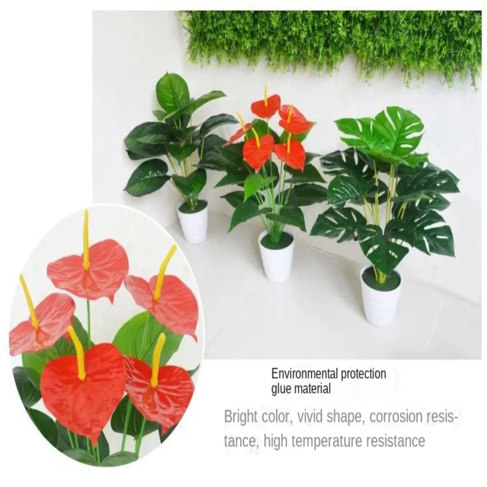 New 35/50CM Artificial Red Palm Plastic Big Herb Plant Fake Anthurium Greenery Tree Fake Plants Living Room Bedroom Decor