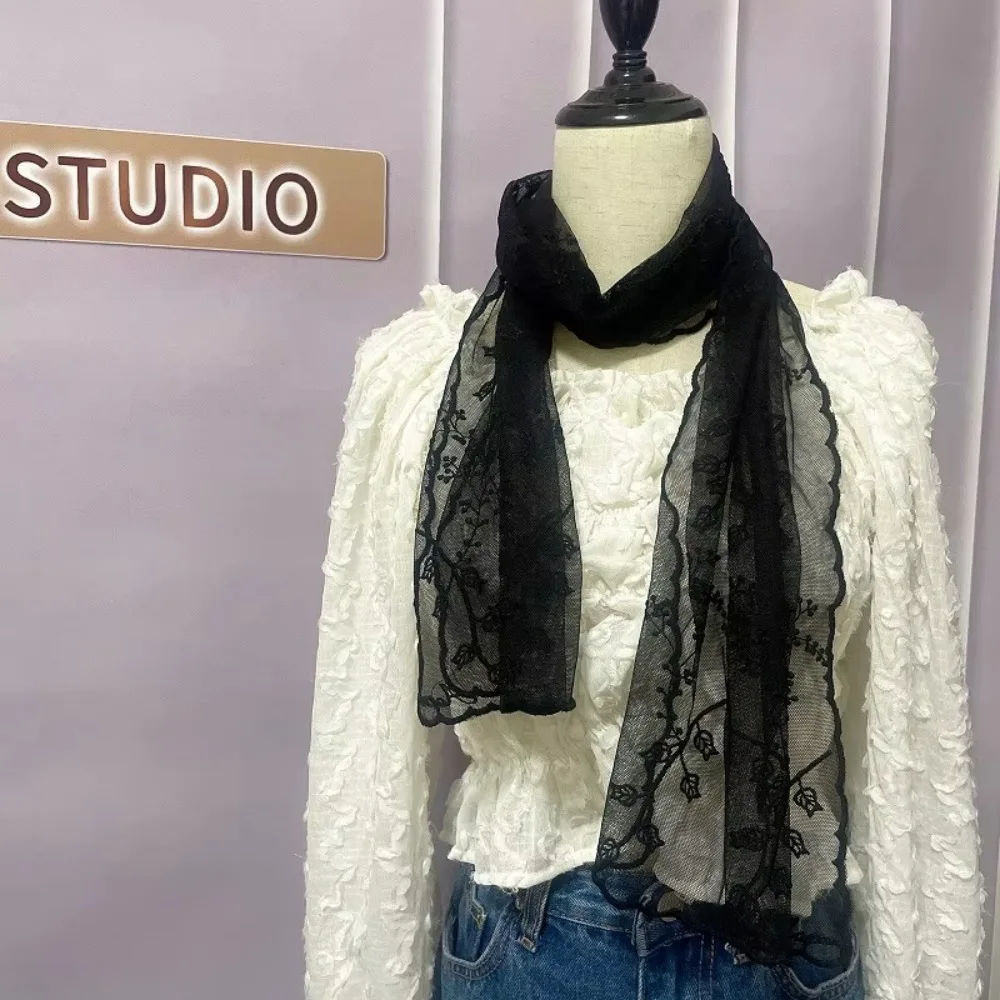 

Versatile Retro Women's Lace Scarf Long Elegant Female Headscarf Embroidered Flower Silk Headband