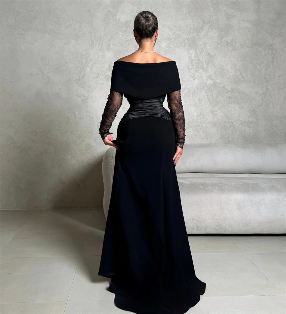 

Customized Boho Black Jersey Evening Dress Formal Boat Neck Long Sleeves Party Dress Sexy Mermaid Sweep Train Celebrity Gowns