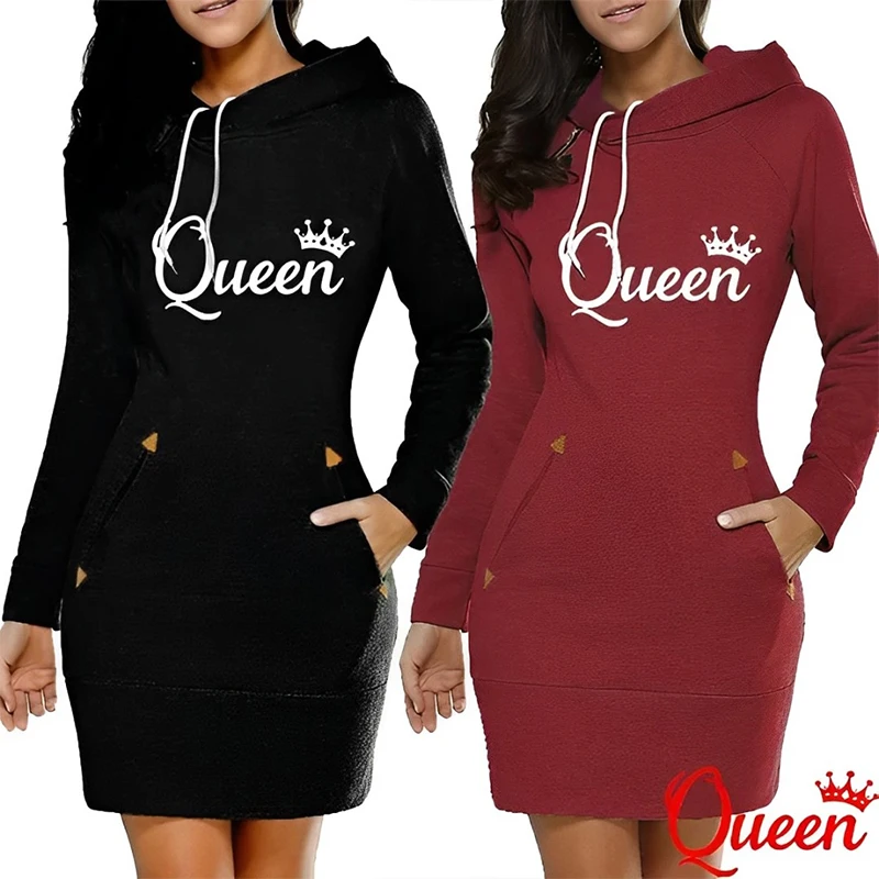 

Women Casual Dress Long Sleeve Hoodie Autumn Winter Fashion Printed Hooded Jumper Pockets Slim Solid Color Dress Plus Size S-3XL