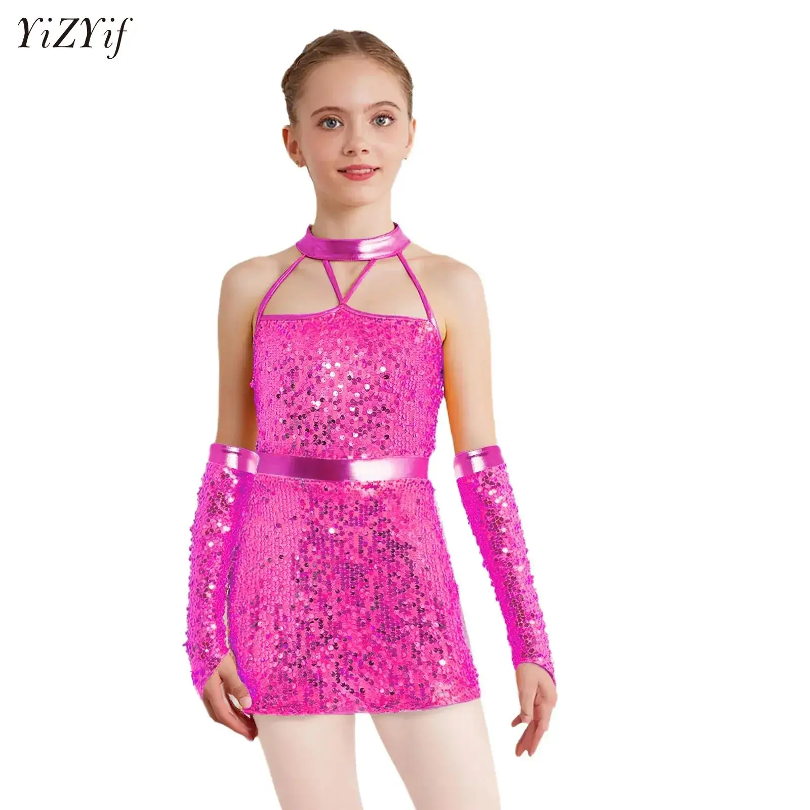 

Kids Girls Sequin Leotard Ballroom Dance Dress Adorned Bodysuit Dress with Gloves Shiny Modern Jazz Performance Costume Carnival
