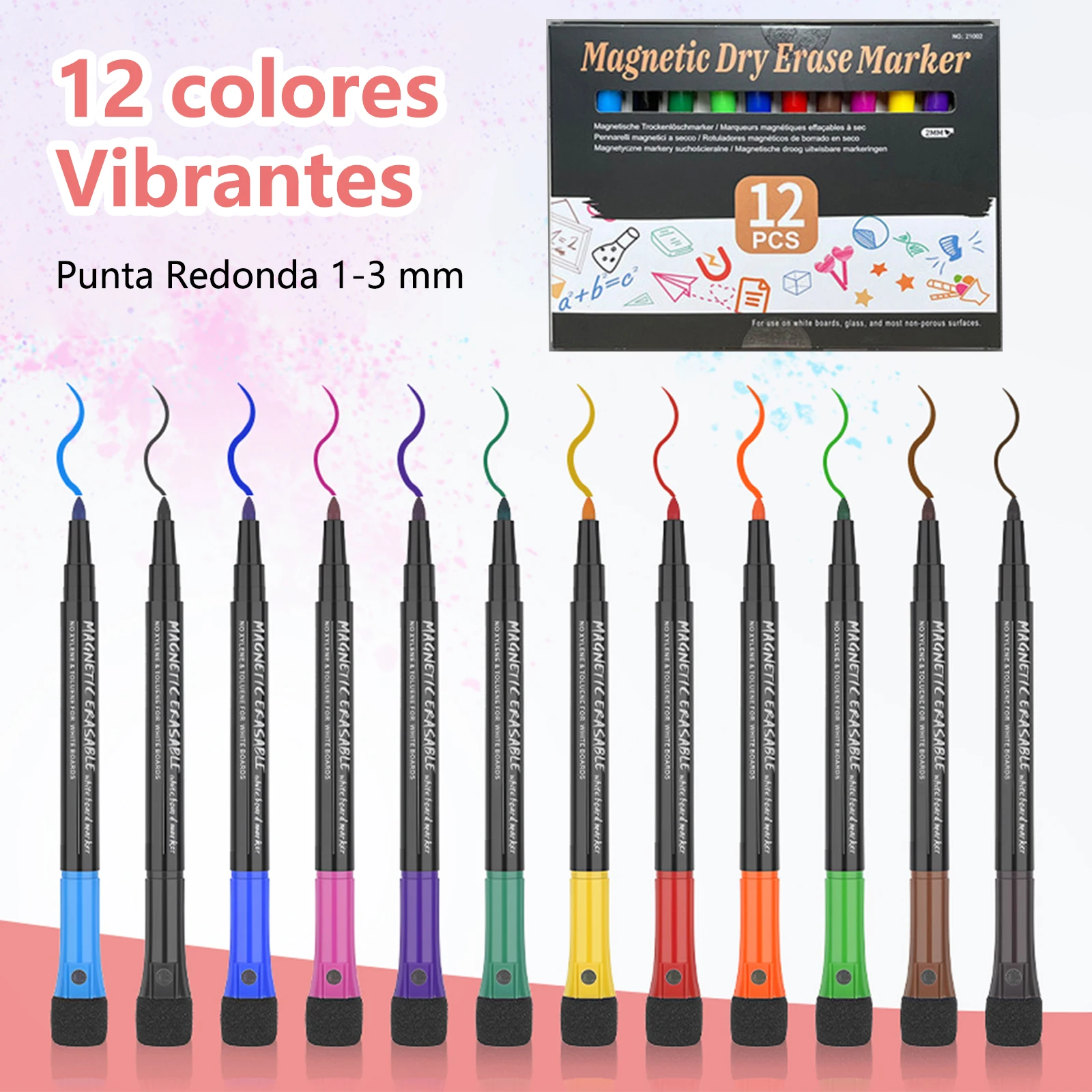 

12 Colors Magnetic Dry Erase Markers Fine Point Tip Whiteboard Marker Erasable Water-Based Marking Pen Drawing Pen Stationer