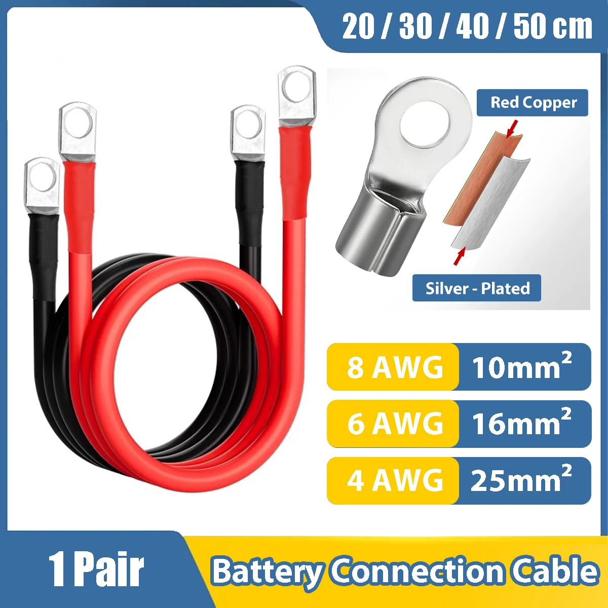 Soft Battery Connection Cable 8/6/4/2/0AWG Stranded Copper Wire 10/16/25/35/50mm2 with OT Terminal M8 M10 Lug For Solar Inverter