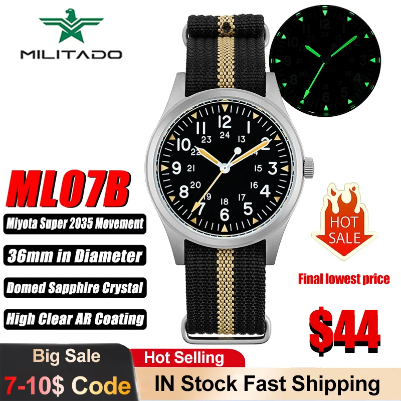 Militado ML07 Military Watch Miyota Super 2035 Quartz Movement Domed Sapphire Crystal Luminous 10Bar Waterproof Vintage Watches