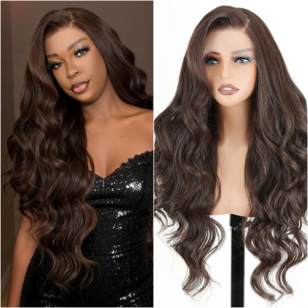 

Body Wave #4 Chocolate Brown Colored Brazilian Human Hair 13x6 HD Lace Front Wig 40 Inch Pre Plucked 13x4 Lace Frontal Wigs