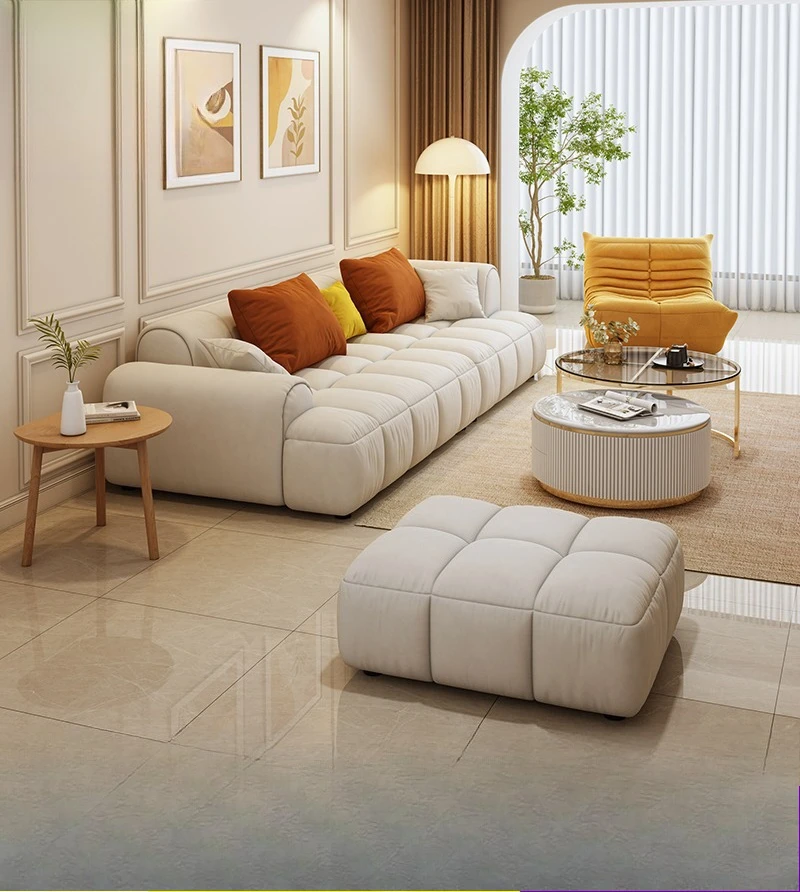 Cream wind cat scratching fabric sofa straight row simple modern small apartment living room wabi **** puff sofa light luxury It