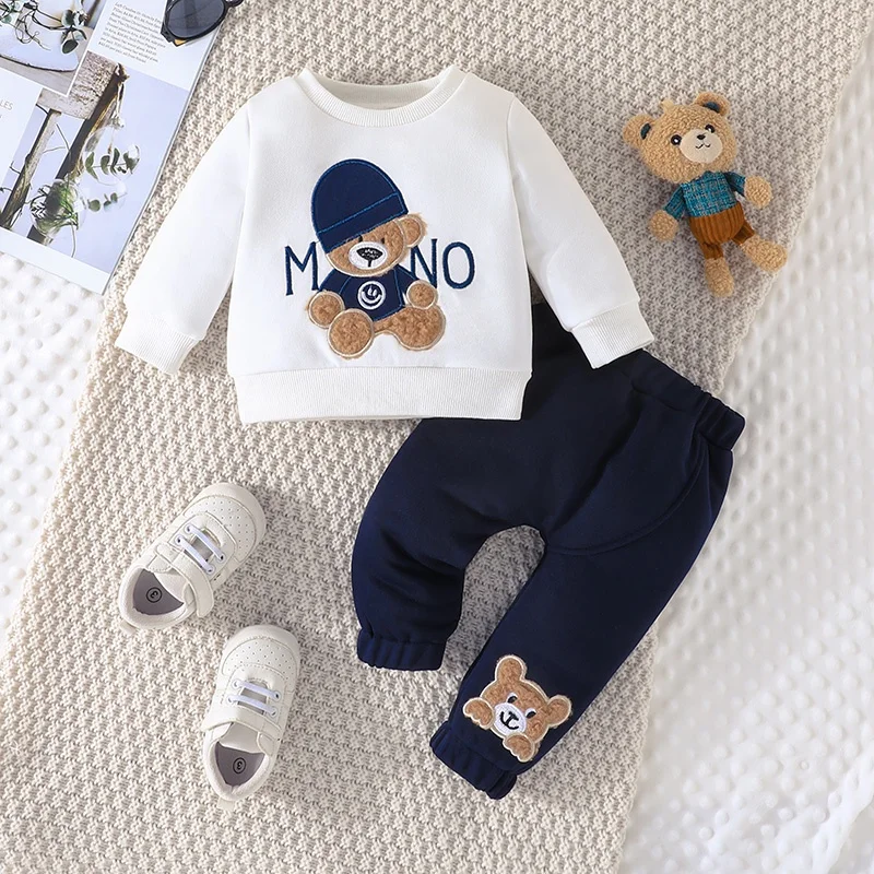 Terno Voor Kinderen 3-24 Maanden Casual Cartoon Beer Lange Mouw T-Shirt En Navy Broek Outfit Peuter Baby Kleding Set Kinderen Dragen