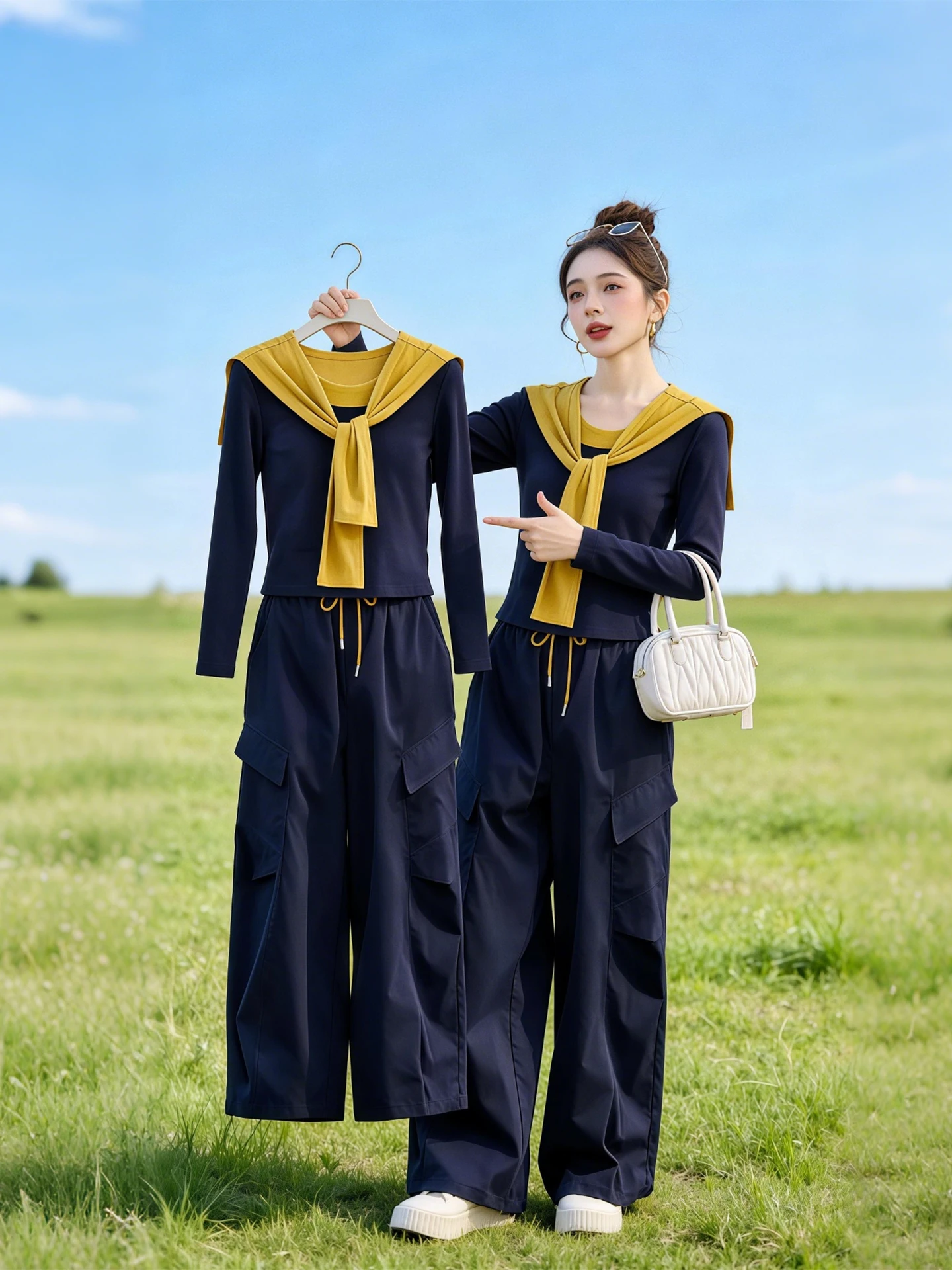 

Laid-back Color Block Long Sleeve Women's Top And Wide Leg Pants Two-piece Set Casual Spring Autumn Trendy Workwear Ensemble