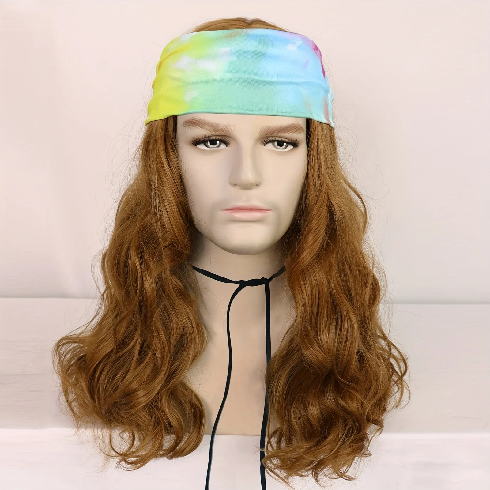 

60s or 70s Hippy Woodstock Cosplay Synthetic Hair Long Brown Hippie Costume Set Wig with Tie Dye Natural COS Wig