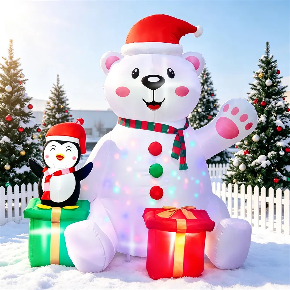 1.75M Christmas Inflatable Polar Bear&Penguin&Gift Boxes Built-in Colorful Rotating LED Lights for Outdoor Garden Holiday Decor