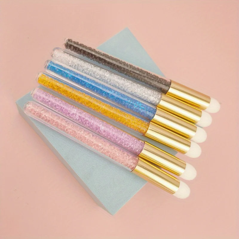 6pcs Transparent Diamond Glitter Makeup Brush Multi-color Long Stem Mousse Cleaning Brush Soft Fiber Bristle Lipstick Brush