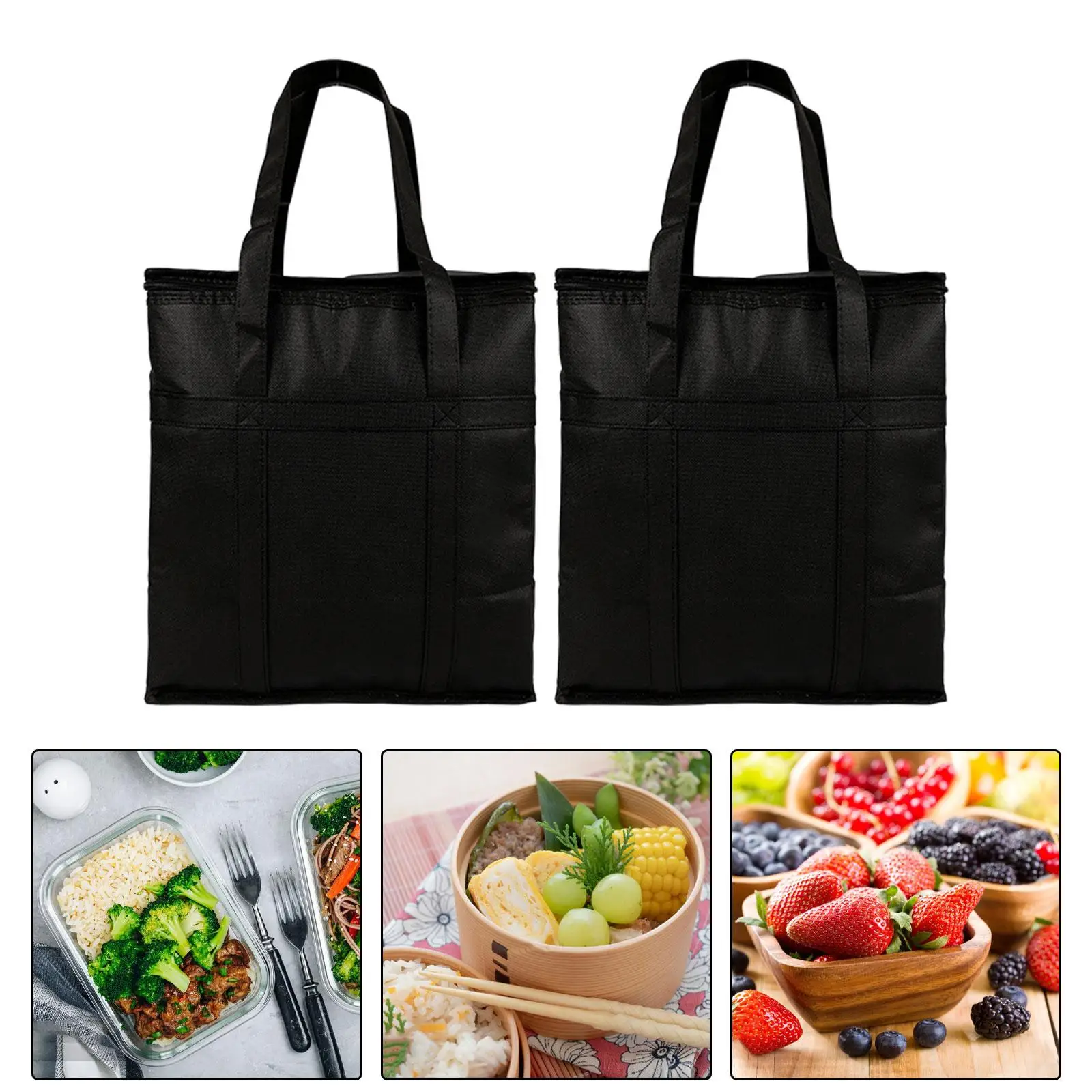 Thermal Insulated Food Bag Pouch Reusable Grocery Carrier with Zippered Top Non Woven Fabric Handle for Travel Work Picnic