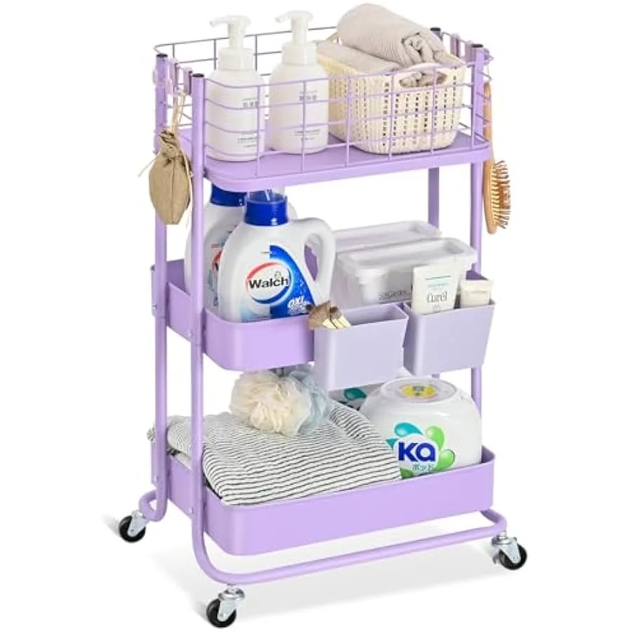 

KINGRACK 3 Tier Utility Cart Metal Rolling Cart Organizer Storage Cart on Wheels Book Cart Diaper Cart for Bathroom Kitchen Off