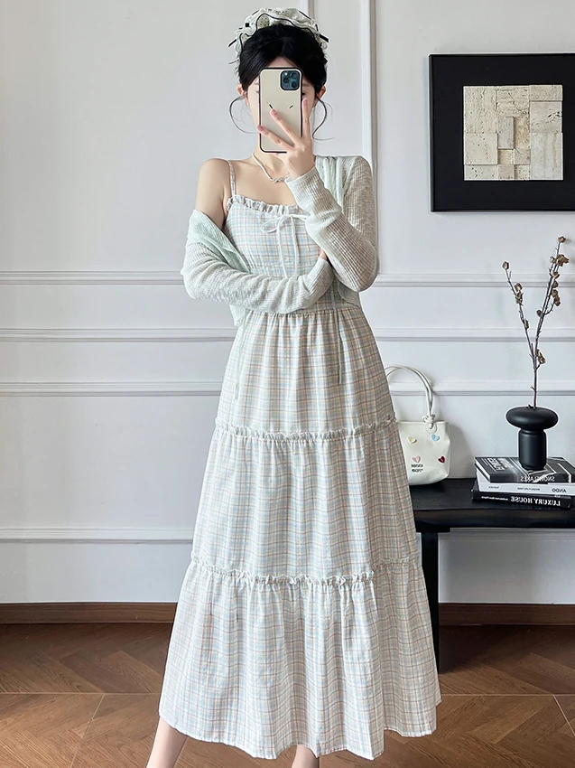 

Summer New Gentle First Love Two-Piece Set Women's Fashion Sunscreen Open Cardigan Strap Dress Midi Plaid A-Line Skirt