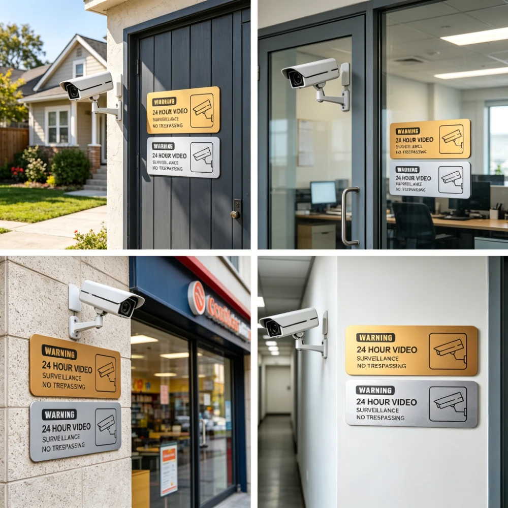 24 Hour Video Surveillance Warning Sign, Double Color Gold Silver Acrylic No Trespassing Security Notice Plaque for Store Mall view 5
