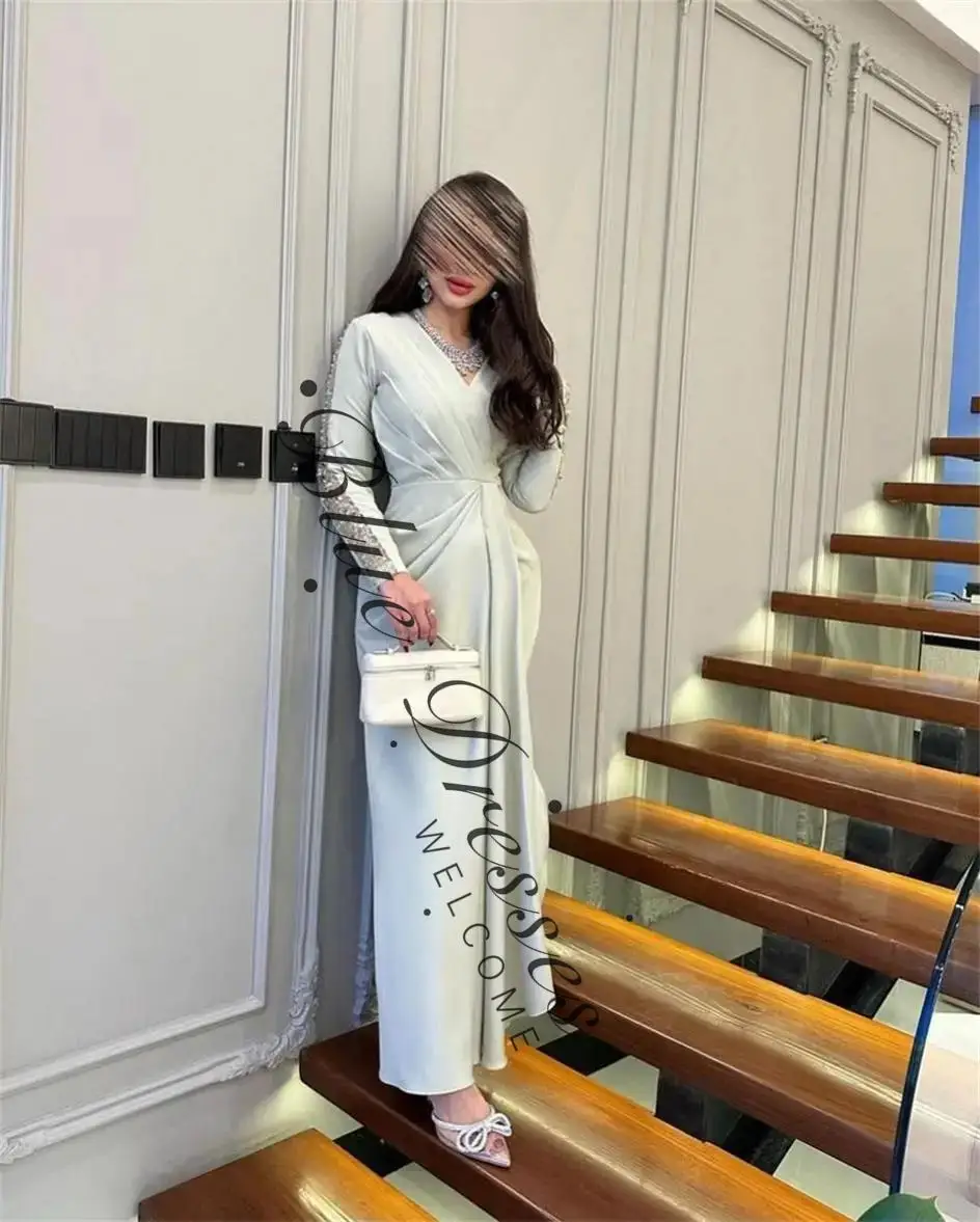 ชุดราตรีแขนยาวแบบสั่งตัด คอวี แต่งระบายประดับเลื่อม ยาวถึงข้อเท้า ชุดแต่งงาน ชุดออกงานกลางคืน