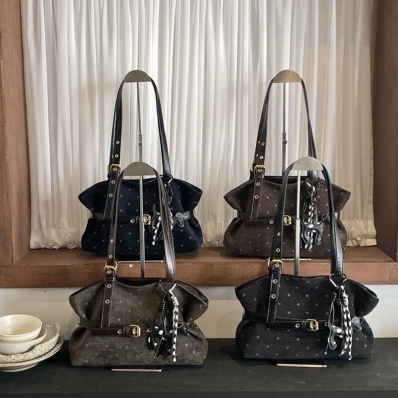 Women Vintage Polka Dot Shoulder Bag Suede Texture Large Capacity Daily Work Tote Purse With Cute Puppy Charm Adjustable Strap