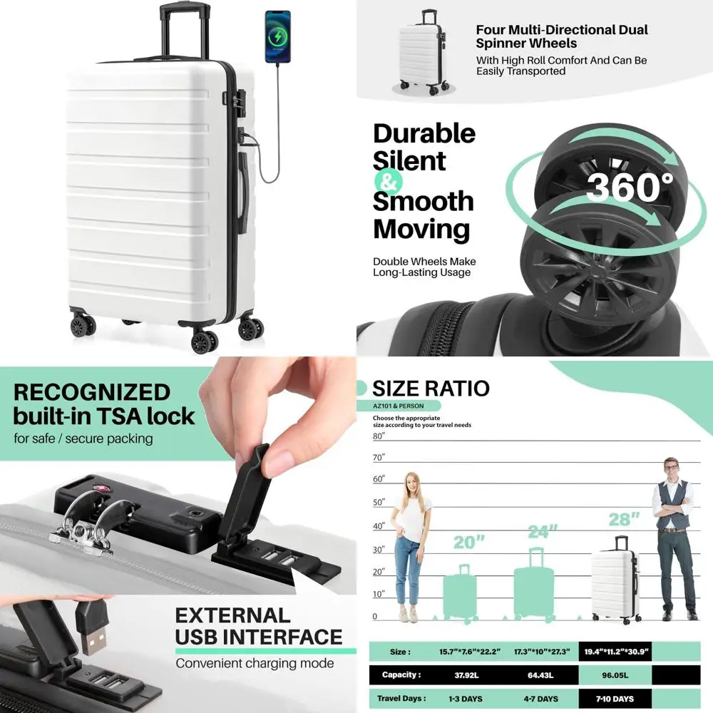 Equipaje rígido de ABS liviano con USB, ruedas, cerradura TSA - Maleta grande blanca de 28 pulgadas para viajes