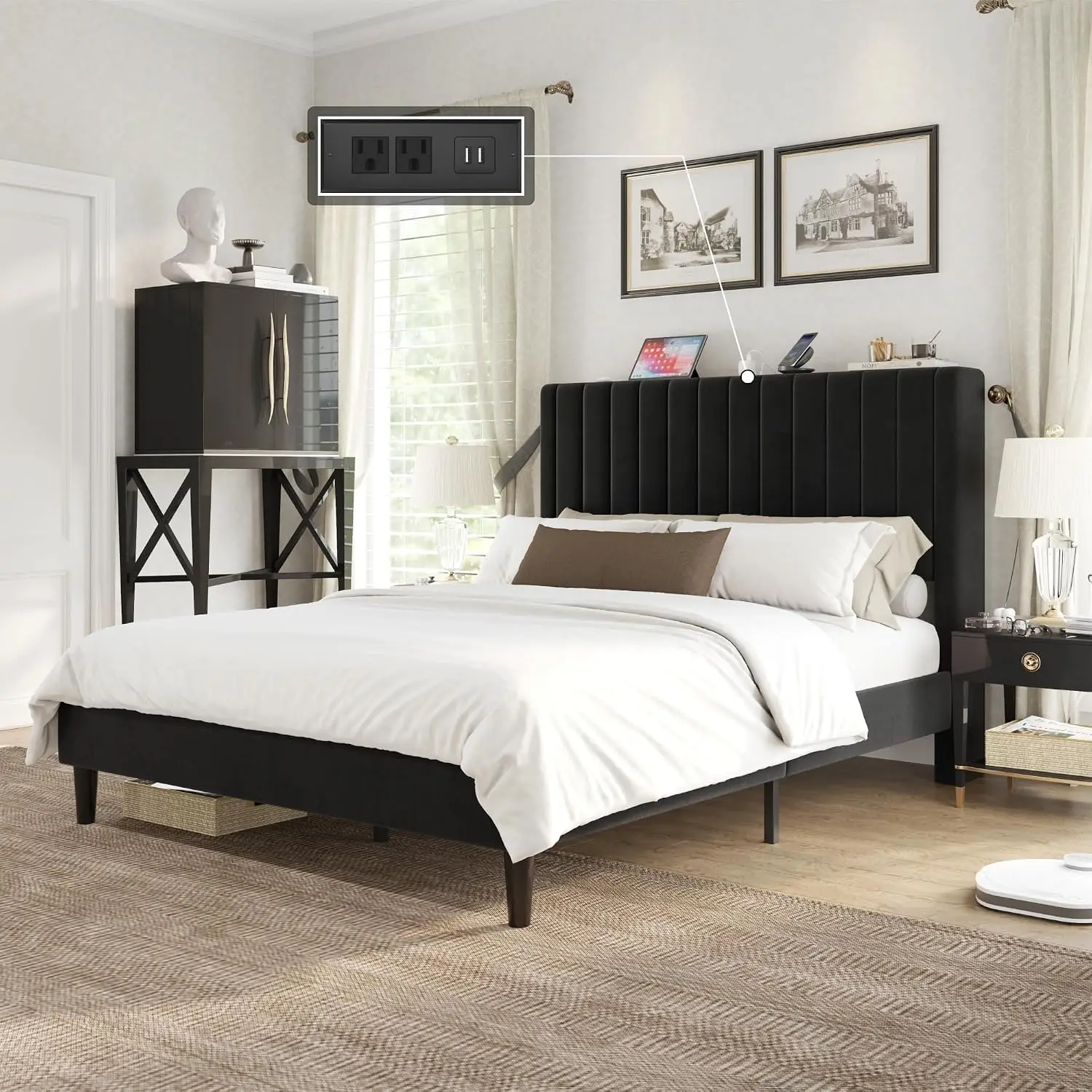 Queen Upholstered Platform Bed Vertical Tufted Headboard Black, Customized