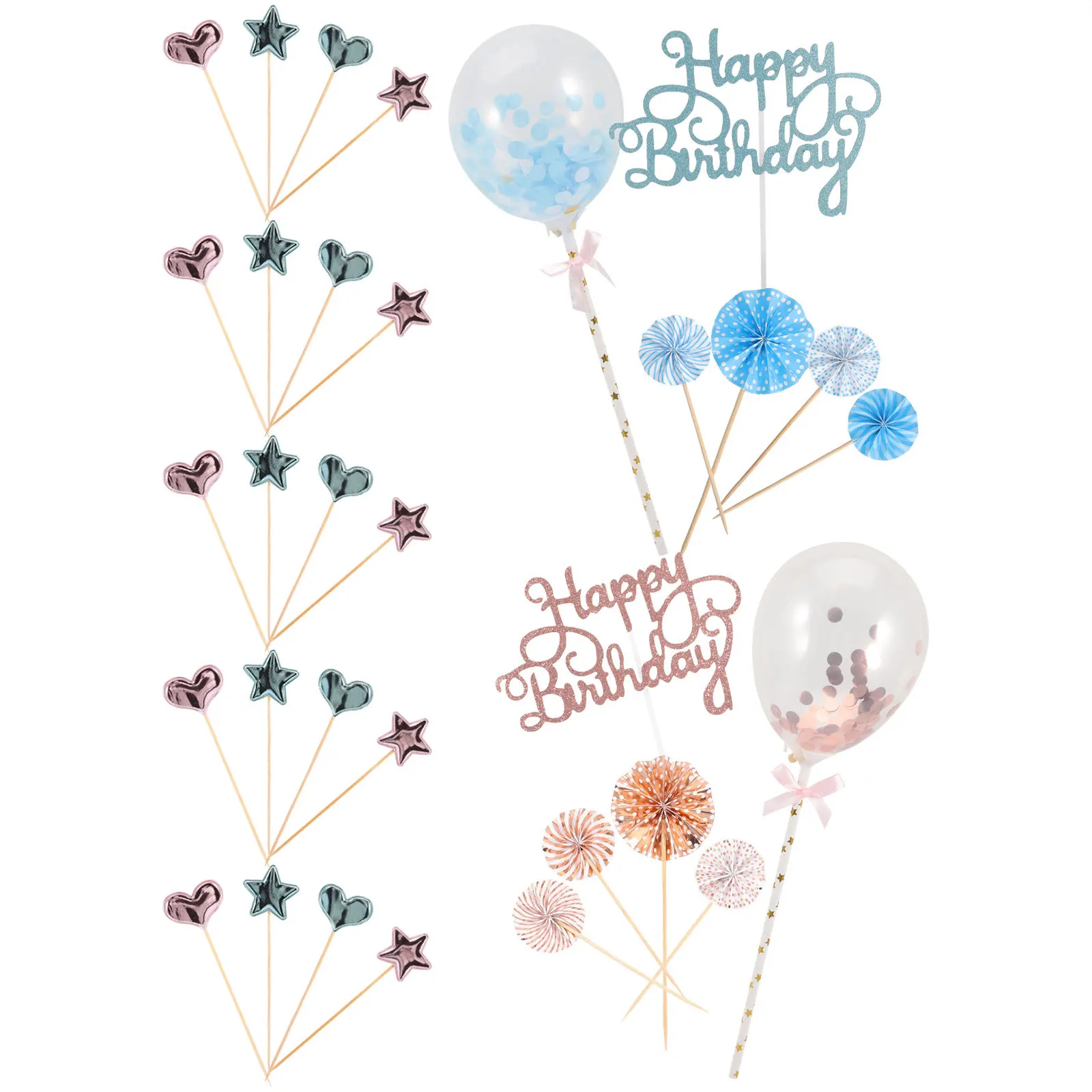 

2Sets Birthday Cake Decorations Confetti Balloon Star Paper Fan Picks Decorative Props for Birthday Stars Cake Decors
