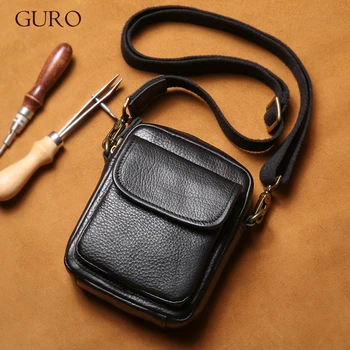 GURO-Bolsa de Ombro de Couro Genuíno Masculina, Couro de Camada Superior, Bolsa para Celular, Trendy, Leve, Pequenos Sacos Crossbody, Alta Qualidade