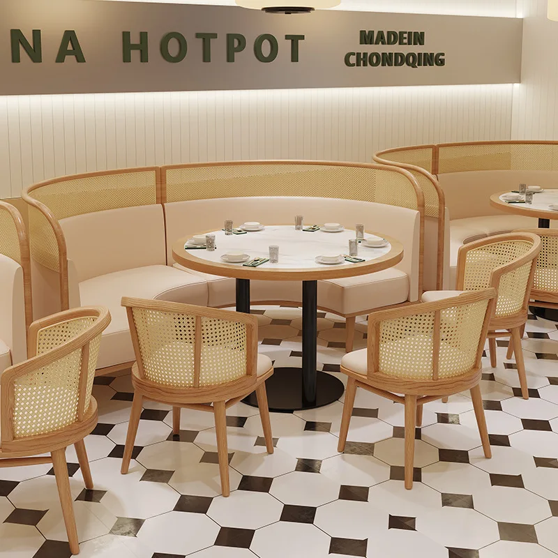Customized South East Asia Style Restaurant Rock Slab Dining Table Against The Wall Solid Wood Rattan Card Seat Internet Celebri